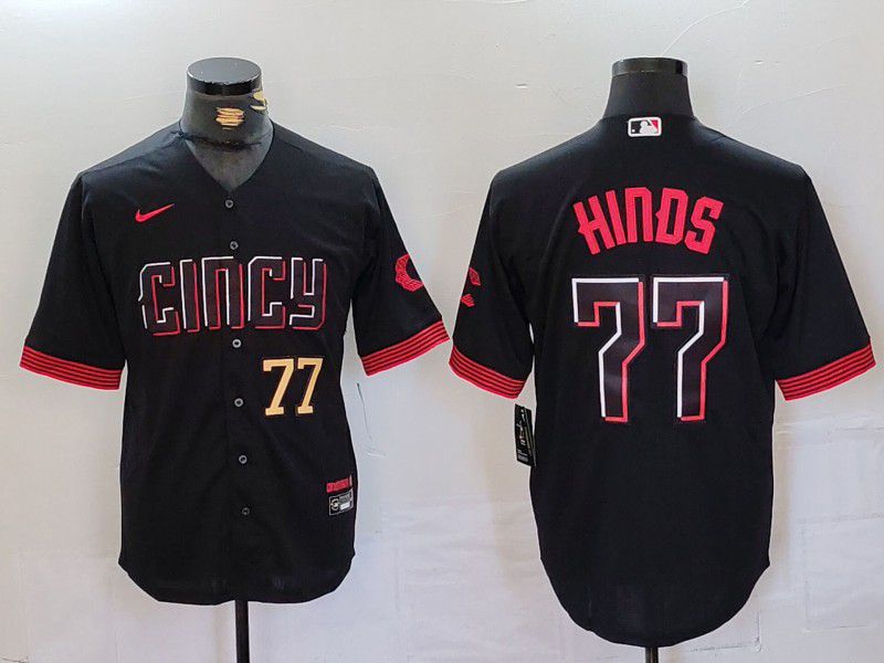 Men Cincinnati Reds 77 Hinds Black City Edition Nike 2024 MLB Jersey style 2